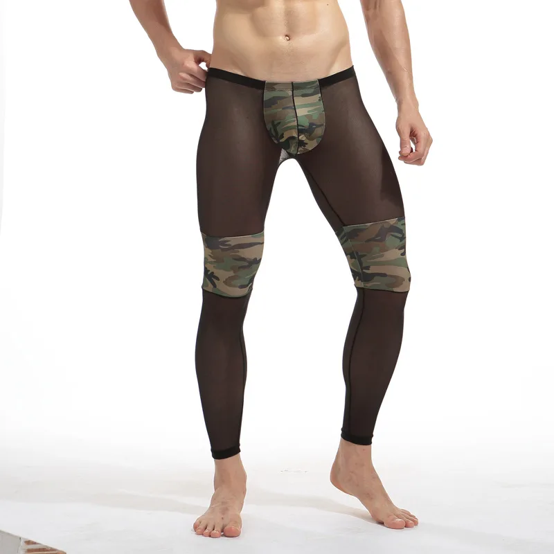 

GAY Men Sexy Transparent tights Breathable Bodybuilding Sheer Mesh Long John Camouflage Gay wear Legging