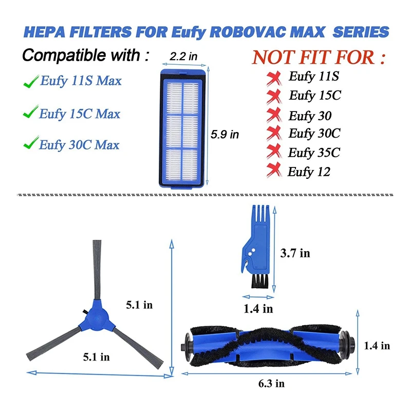 

Replacement Parts for Eufy RoboVac 11S MAX /30C MAX /15C MAX Accessory Vacuum Cleaner Filters,Side Brushes,Rolling Brush
