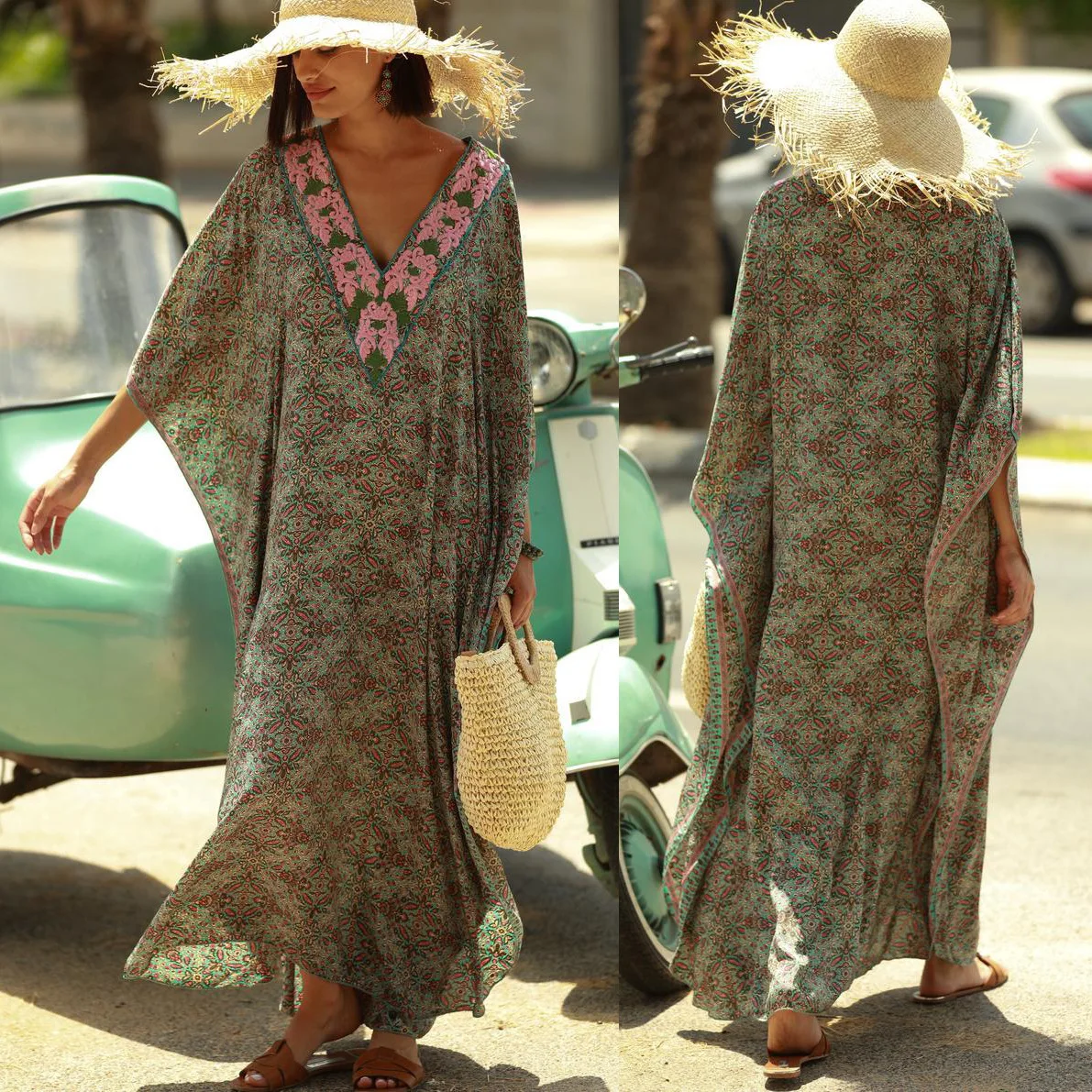 

Boho Print Plus Size Dress Women 2021 Summer Half Sleeve V Neck Maxi Dress Bohemian Pareos Holiday Casual Loose Beach vestidos