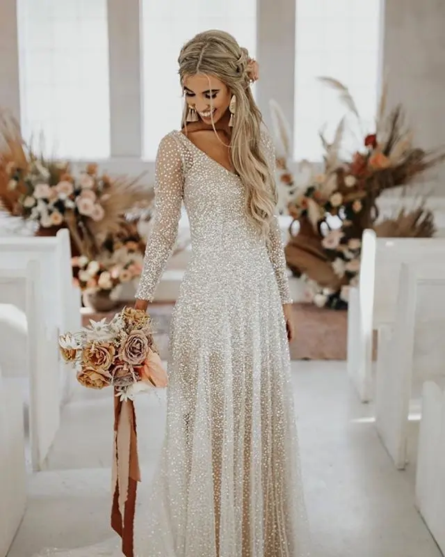 

Linglewei New Spring and Summer Women's Dress V-Neck long sleeve Sequin dress sexy long dress