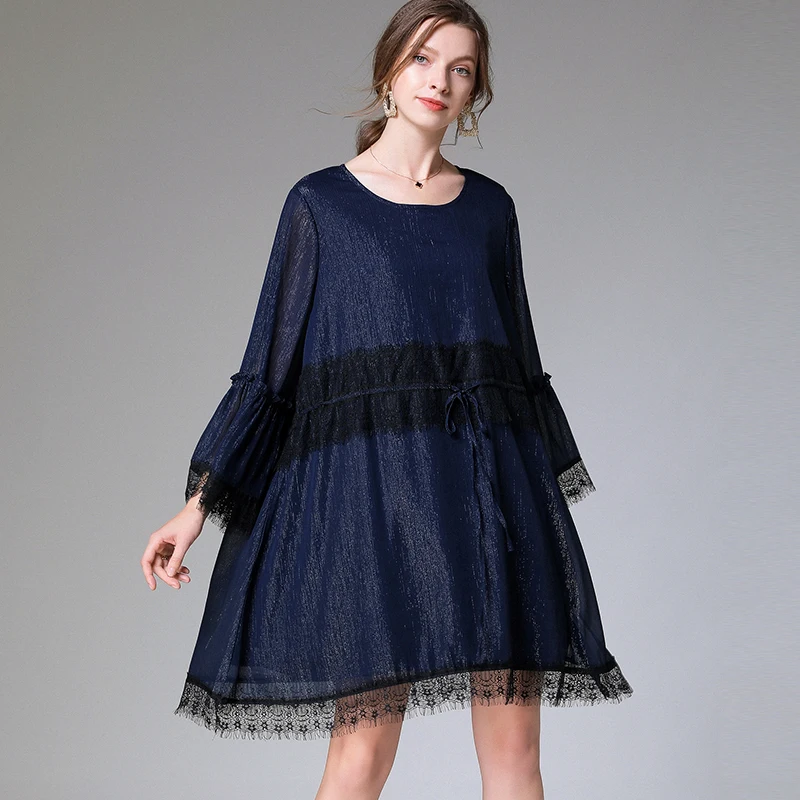 

Chiffon Lace Patchwork Dresses 2020 Plus Size Women Red Sashes Flare Sleeve Elegant Beach Bohemian Oversized Sweet Dress 5XL