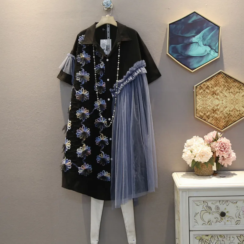 

Streetwear Loose Women Dress Stitching Mesh Midi Shirt Dress Female Summer Flower Patched Plus-sized Short-Sleeve Hip-hop Dress