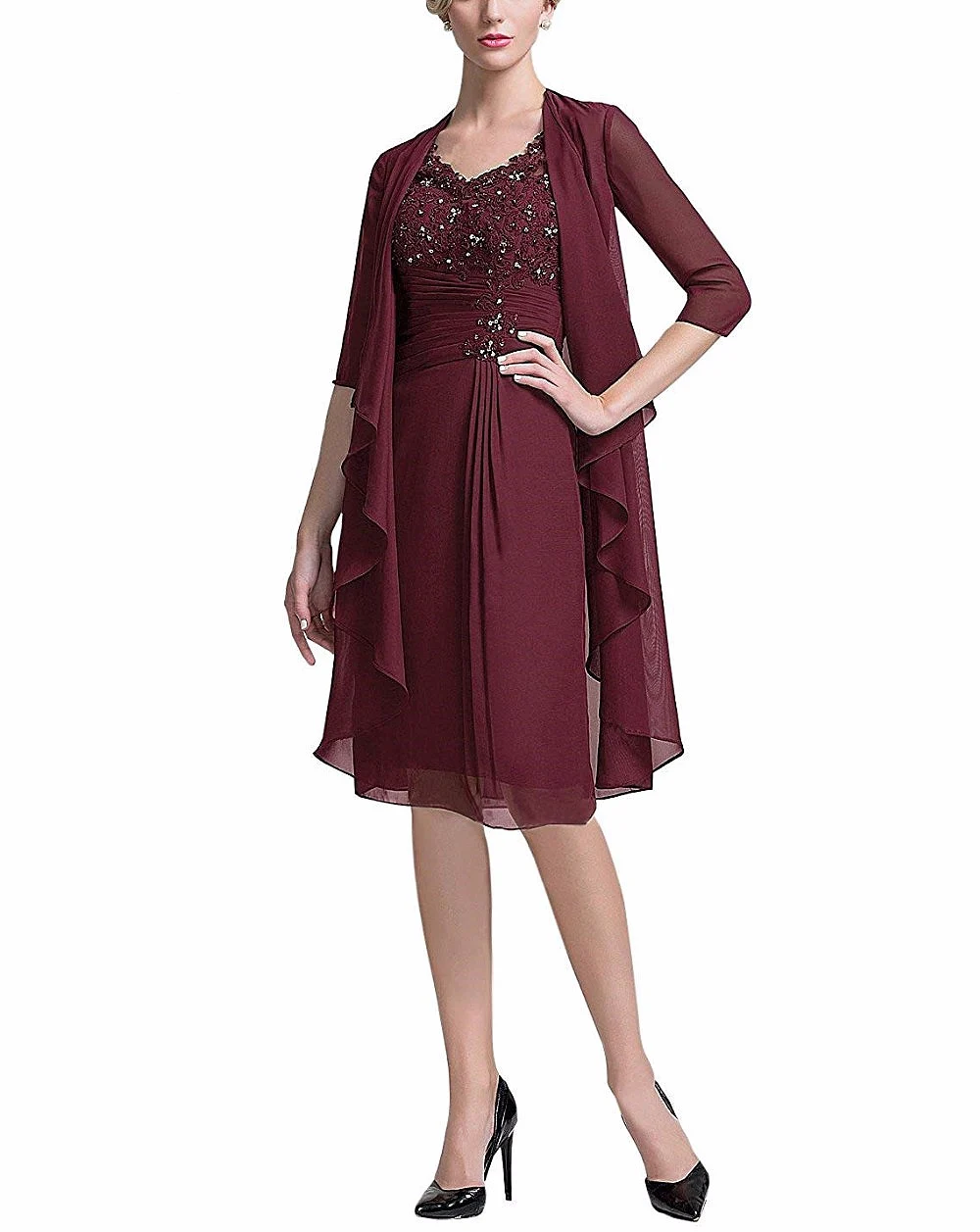 

Burgundy Half Sleeve Mother of the Bride Dress with Jacket Bead Knee Length Wedding Guest Banquet Groom Mother Prom Gown 2 Piece
