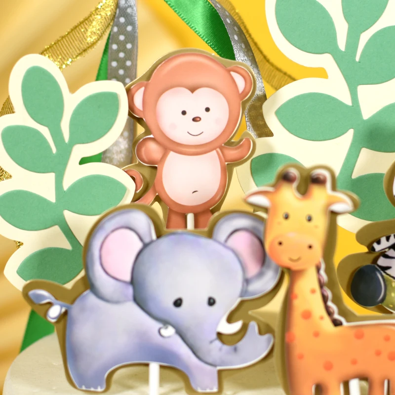 Блестящий торт со слоном и животными Topper с днем рождения золотое украшение для