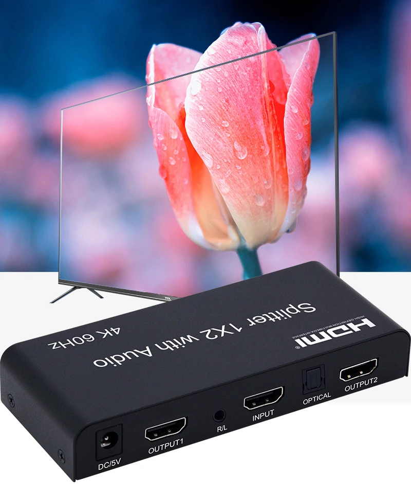 

4K 60 Гц HDMI 2,0 сплиттер 1X2 с оптическим Spdif 3,5 мм стерео аудио экстрактор видео конвертер адаптер для ноутбука ПК 1 на 2 ТВ монитора