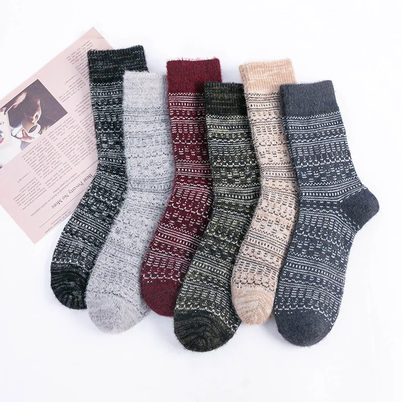 

2021 New 6 Pairs Autumn Winter Velvet Socks Men's Middle Tube Thicken Warm Ethnic Rabbit Men Wool Socks
