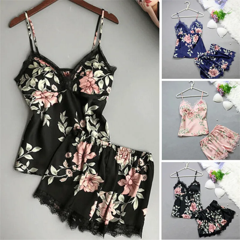 

Ladies Floral Pajamas Set Underwear Sleeveless V-neck Backless Vest Top Lace Satin Trousers Sleepwear Nightwear Mujer Pijama
