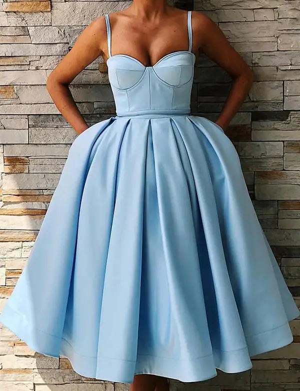CloverBridal ТРАПЕЦИЕВИДНОЕ атласное платье по колено Бальные платья 2021 с карманами