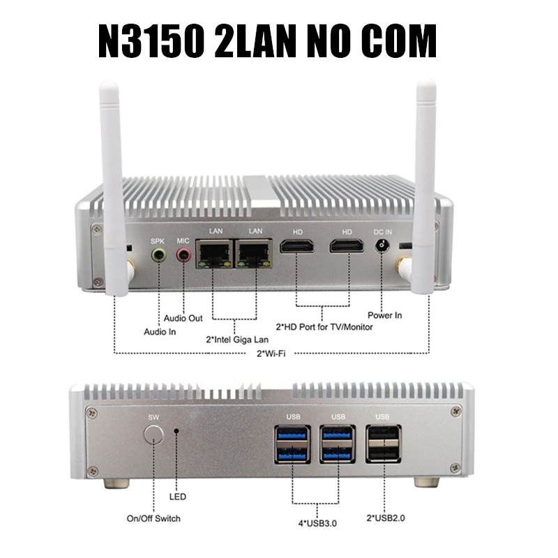 Брандмауэр AES NI безвентиляторный мини ПК Linux 3160 N3150 J1900 4 ядра 2 ГГц * Lan Pfsense
