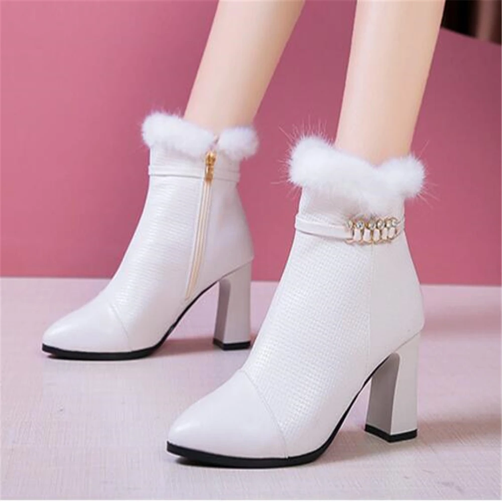 Ankle boots women Genuine Leather shoes solid square heels woman Zipper Fur snow lady Snow Boot Botas Mujer y504 | Обувь