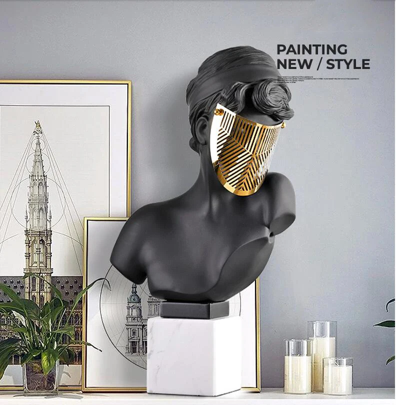

MODERN RESIN PORTRAIT MARBLE BASE METAL MASK STATUES ORNAMENTS HOME LIVINGROOM TABLE FIGURINES CRAFTS HOTEL LOBBY DECORATION ART