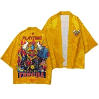 japanese kimono yellow print cardigan haori yukata male samurai costume clothing kimono jacket and pant shirt