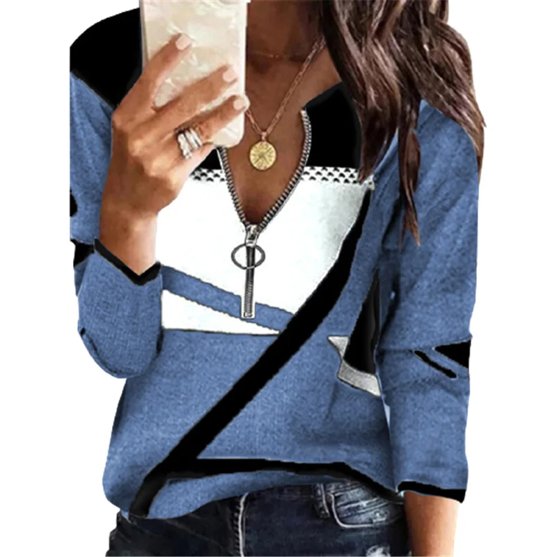 

Женская футболка с длинным рукавом и V-образным вырезом, на молнии