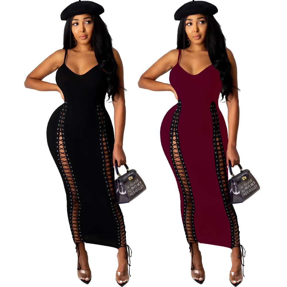Женское трикотажное облегающее платье макси на шнуровке длинные платья бретелях