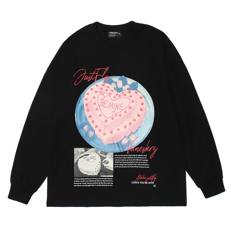 

2021 Autumn Winter Long Sleeve Women's T-Shirt Heart Cake Print Oversize Couple Wear 100% Cotton Girls Tops and Pullovers