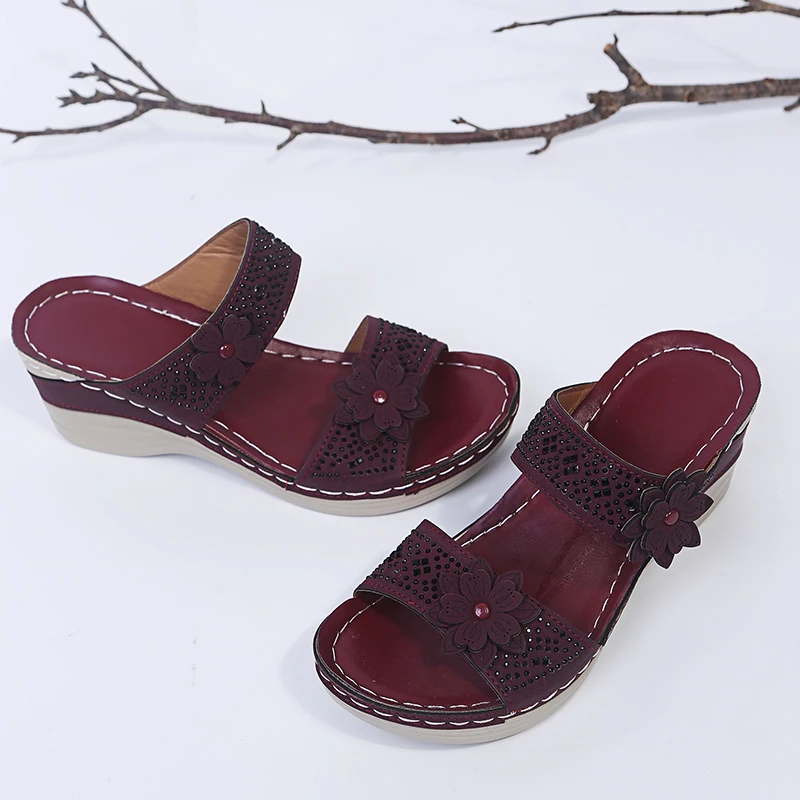 

Wedges Women Slippers Fashion Flowers Breathable Peep Toe Sandals Summer Outdoor Thick Bottom Slip-On Beach Shoes Flip Flops