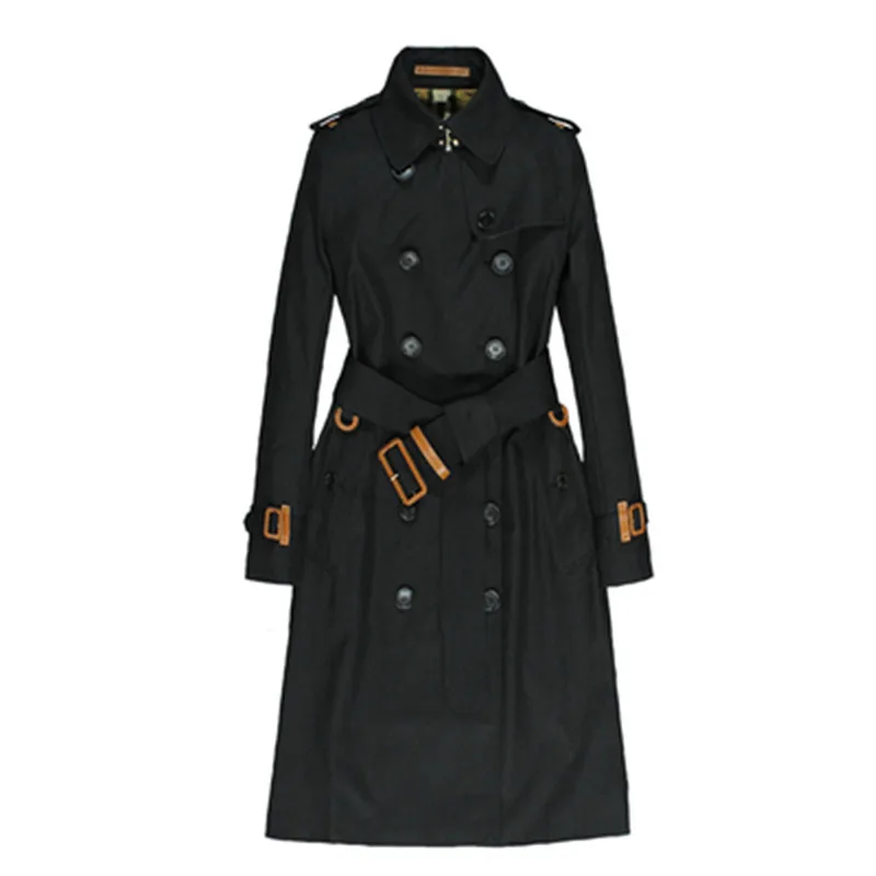 Женская ветровка до колен тонкая черная в британском стиле средней длины весна