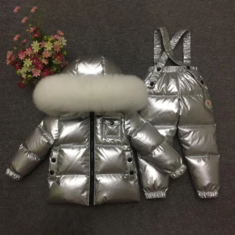 White Fox Silver Детский зимний костюм для девочек, теплый пуховик с мехом для мальчиков, зимние спортивные комплекты одежды с натуральным мехом, ветрозащитная детская одежда - Цвет: White Fox Silver