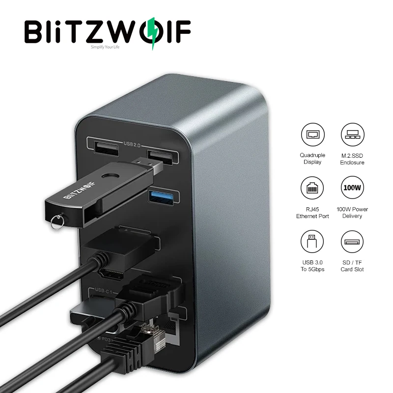 

BlitzWolf BW-TH14 15-in-1 USB C Docking Station 100W Power with HD 4K Triple Display 5Gbps Data Transfer 1000Mbps Ethernet Port
