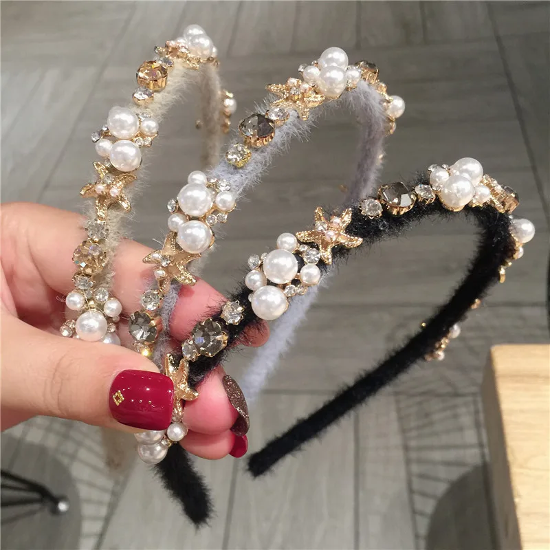 

Korea Elegant Women Starfish Hairband Sweet All Match Rhinestone Pearl Headband Fashion Street Hair Accessories Fluffy Headwear