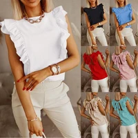 2021 european and american summer new loose round neck solid color ruffle short sleeve shirt