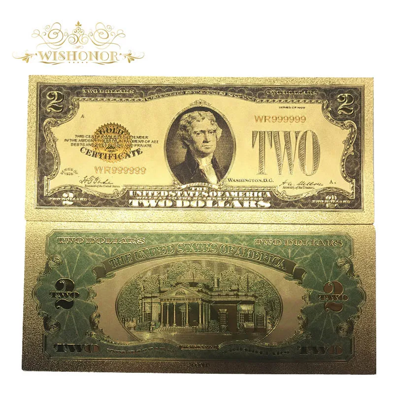 10 unids/lote de billetes de oro de 2 dólares chapados en oro de 24k para regalo y colección de negocios, Color América de 1928, dinero falso