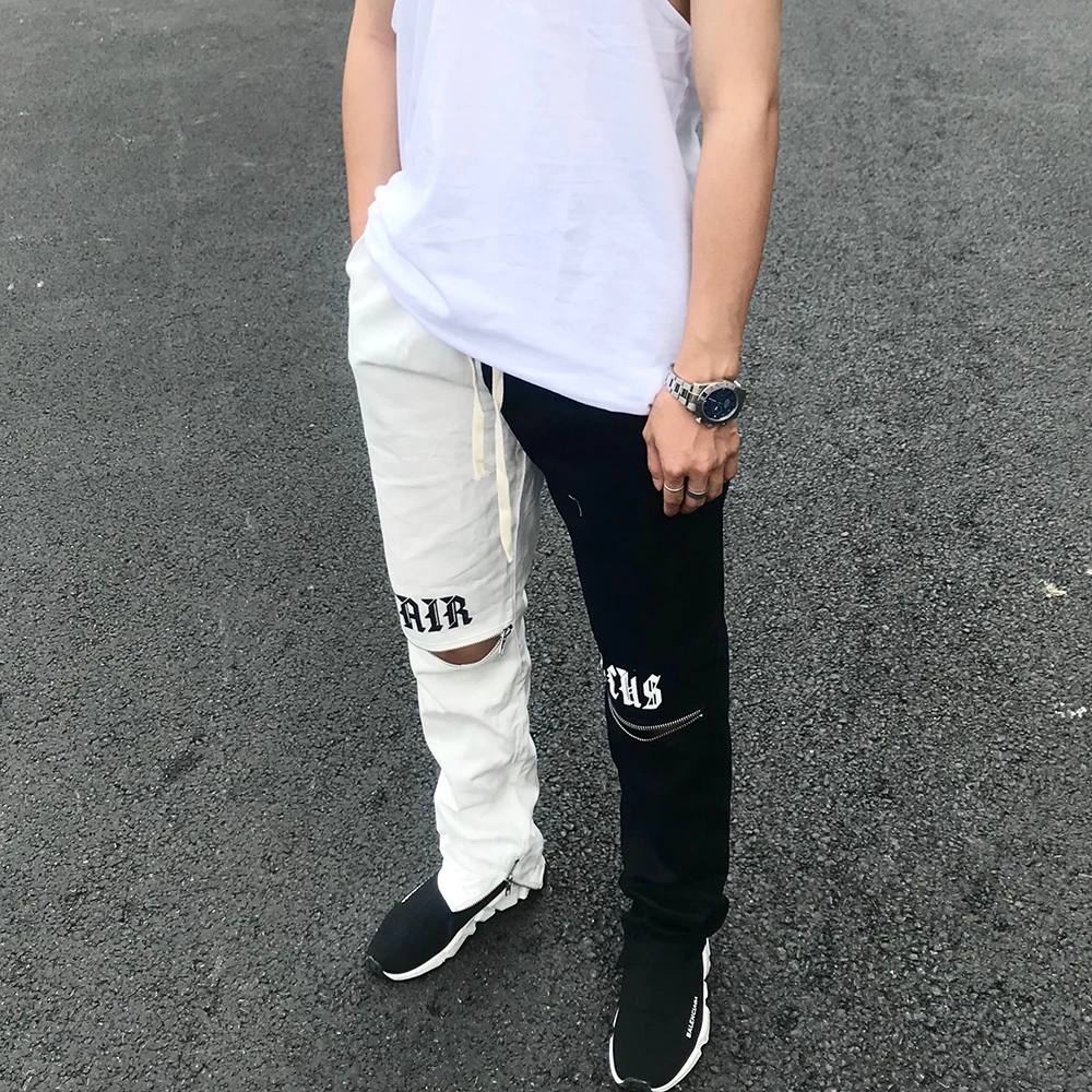 White Black Patchwork Jogger Hip Hop Knee Zipper Sweatpants for Men 2020 Fashion Letter Fair Ankle Zip Joggers Pants | Мужская одежда