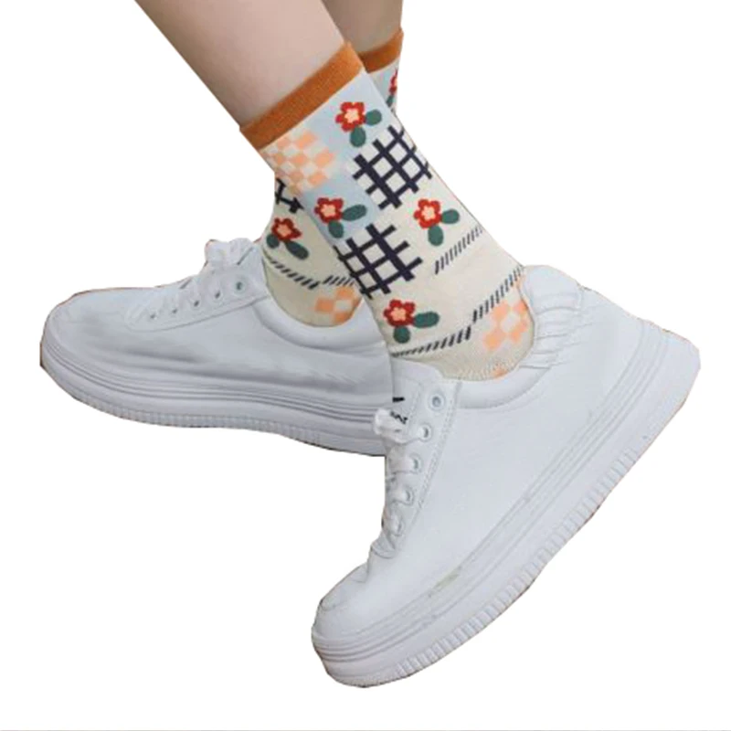 5Pair Fashion New Print Cute Cotton Socks Women Flowers Long  Socks Set Kawaii Breathable Korean Style Streetwear Cycling Socken