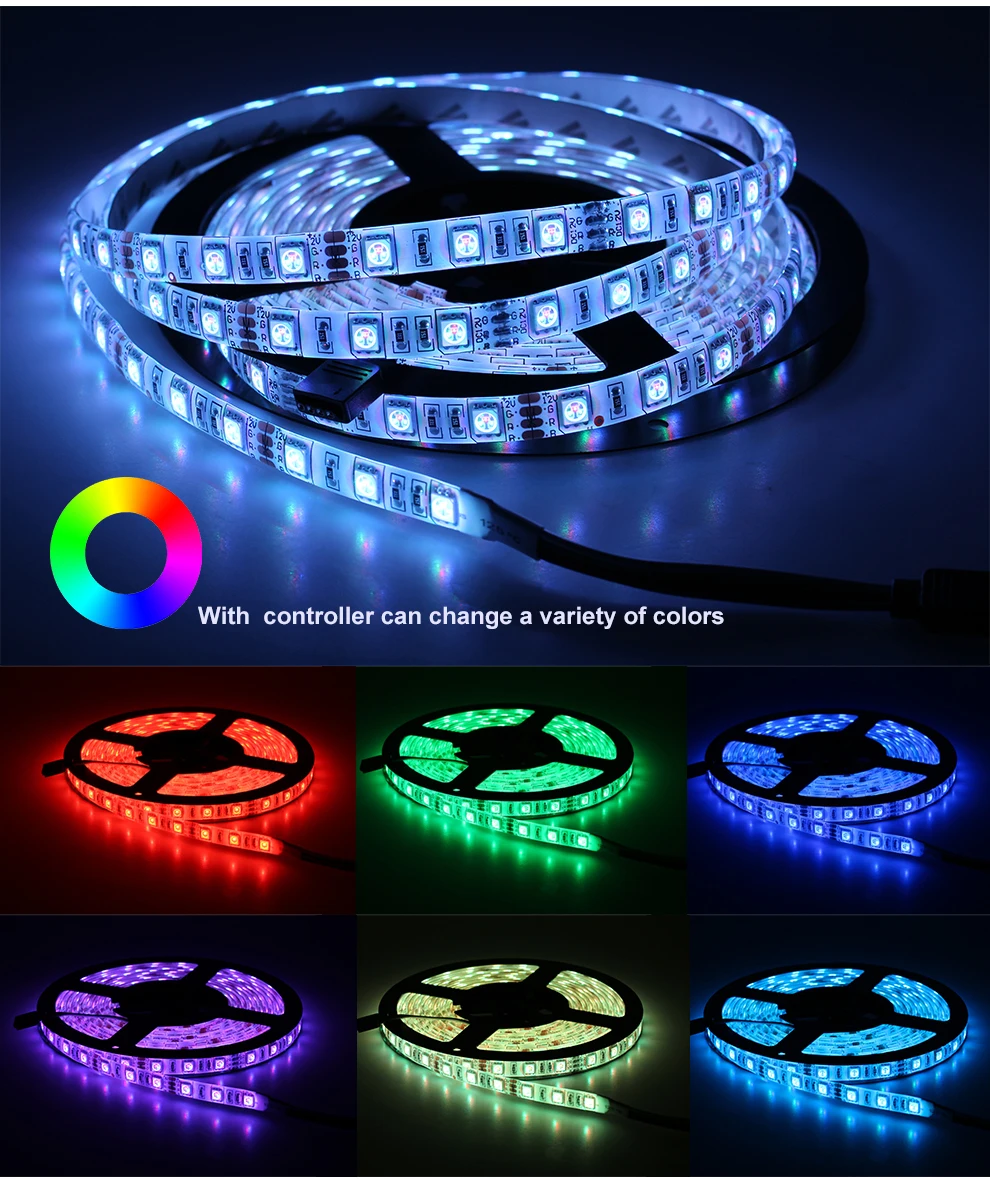 

5050 LED Strip RGB 5M 10M RGB Color Changeable Flexible LED Light Tape + Remote Controller + DC12V Power Adapter AU/US/EU/UK