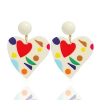 new fashion white acrylic heart drop earrings for women girl geometric print heart big long dangle earrings fashion jewelry gift