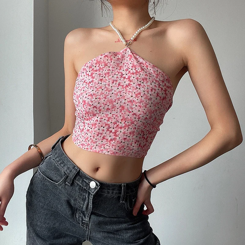 

ZOVSV Floral Print Pearl Halter Backless Top Summer Lace Up Sleeveless Crop Tops Tees Women Fashion Y2K Camisole Streetwear