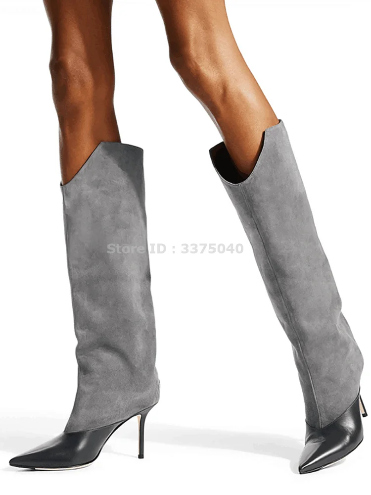 

2021 Winter New Knee Length Boots Pointed High Heels Thin Heel Mixed color Gay High Boots Niche Cuff Leather High-end Boots