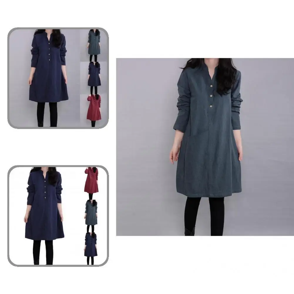 

Simple Midi Dress Round Neck Female Pure Color Large Hem Dress Dress Autumn Dress