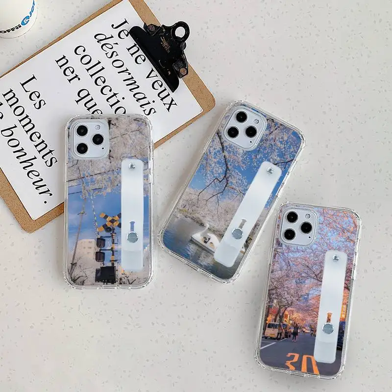 

cherry blossom street view Phone Case Wrist Strap For iPhone 7 8 11 12 X XS XR MINI Pro Max Plus Hand Band Transparent Clear