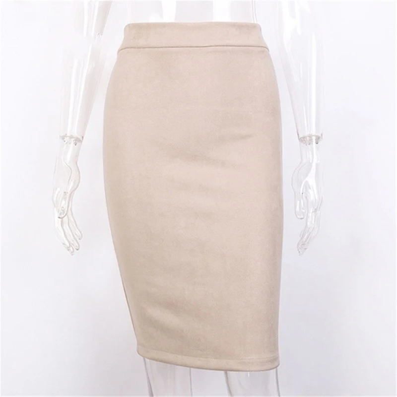 

Sexy Beige Color Suede Midi Pencil Skirt Women 2021 Fashion Elastic High Waist Office Lady Bodycon Skirts Saias