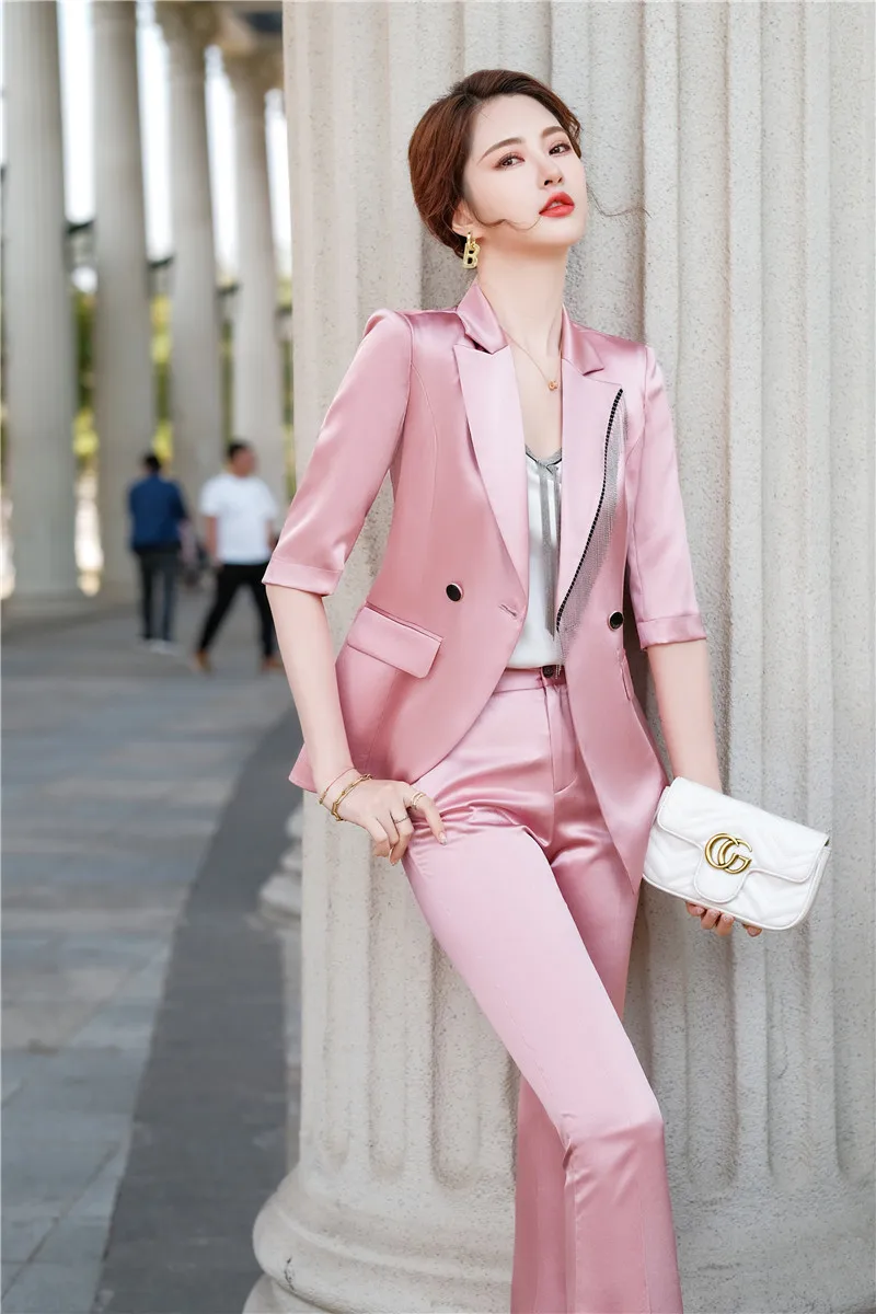 

Novelty Pink Uniform Designs Pantsuits Formal Women Business Work Wear Suits Spring Summer Blazers Professional Trousers Set
