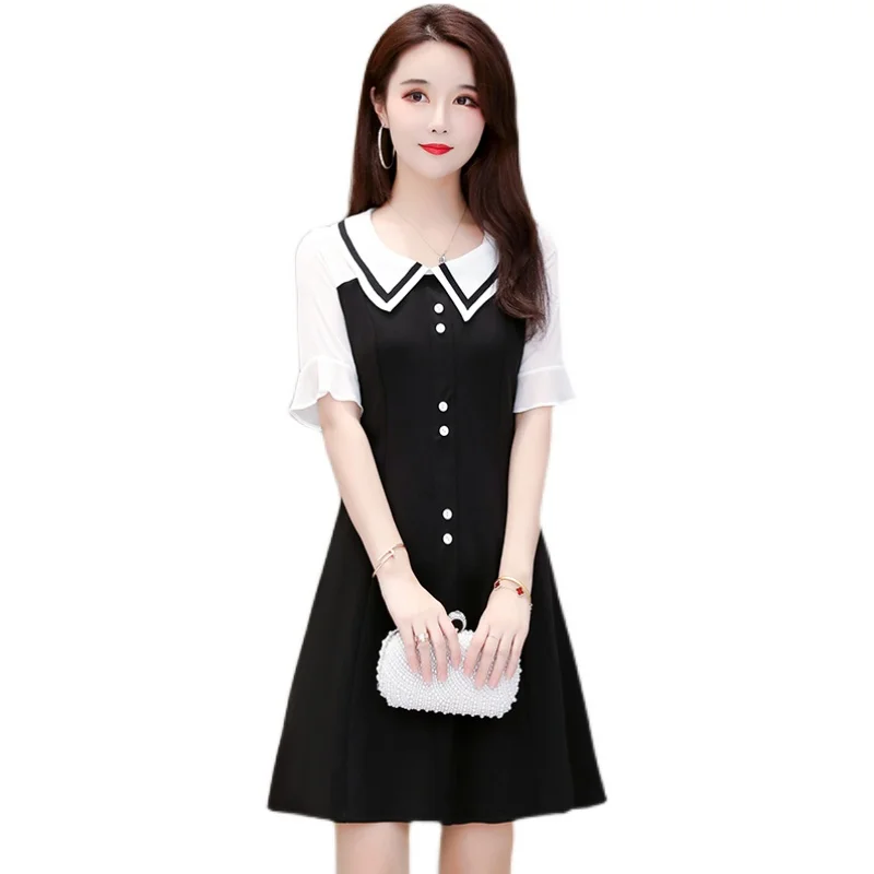 

COIGARSAM 4XL Plus Size Patchwork Women dress New Summer Peter pan Collar Panelled Dresses 9631