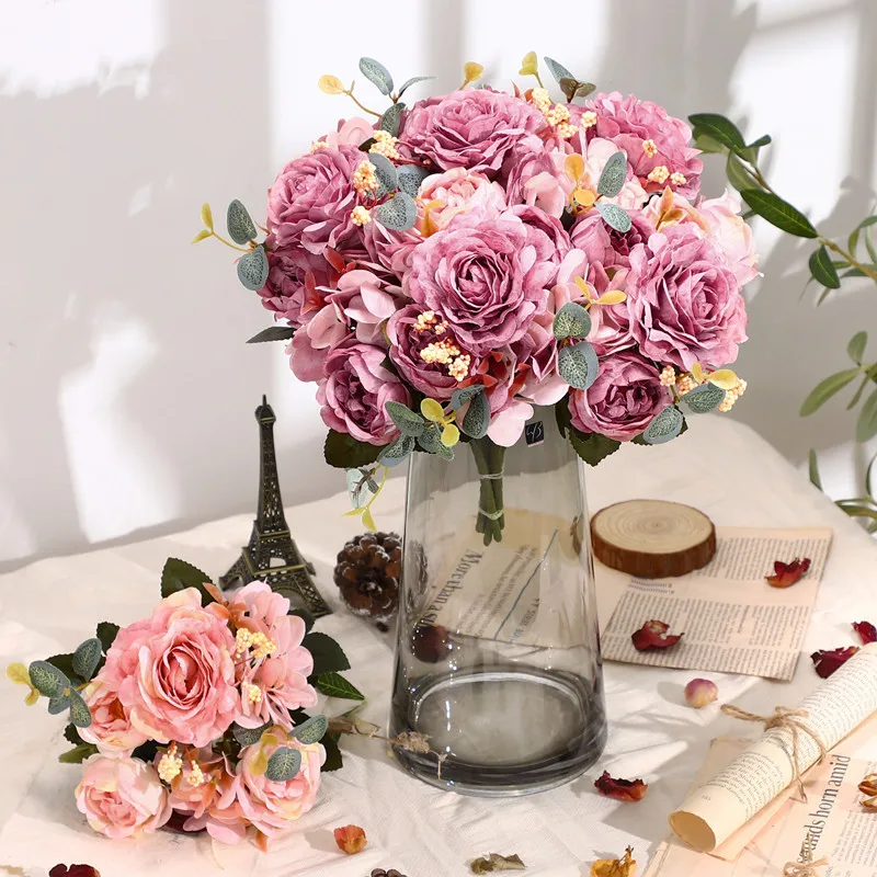 

Beautiful Hydrangea Roses Artificial Flowers for Home Wedding Decorations High Quality Autumn Bouquet Mousse Peony Fake Flower