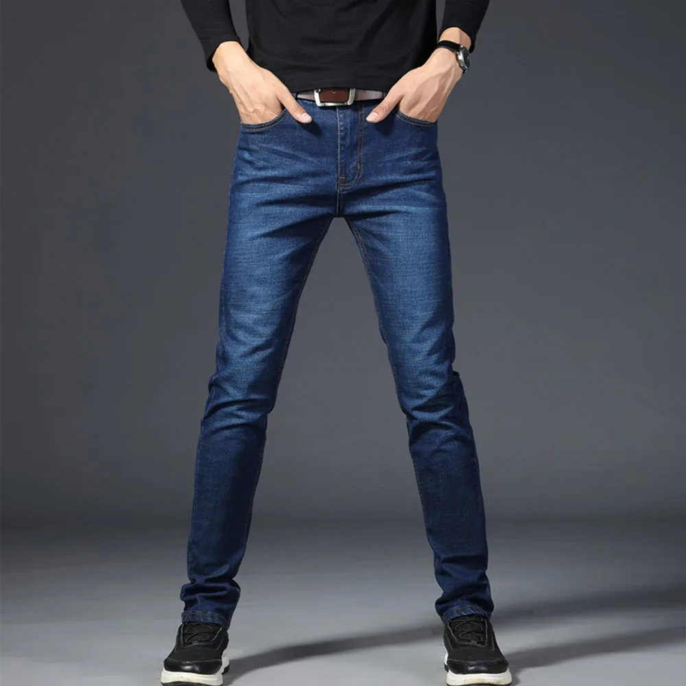 Mens Classic Jeans Solid Color Business Work Pants Straight Denim Casual Pants
