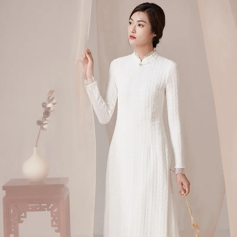 

Women Chinese Vintage Long Improved Qipao Elegant Lace Full Sleeve Cheongsam Beaded Casual Dress Autumn Winter New Vestidos
