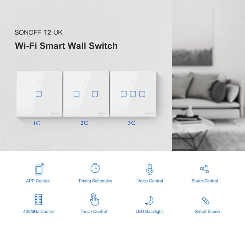 Интеллектуальный выключатель света Sonoff T2 UK Wifi сенсорный Умный дом и RM433 с Alexa Google