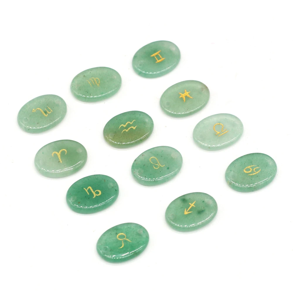 

Natural Stone Green Aventurine Engraved Symbols Beads Oval Reiki Heal Divination Rune Constellation Bead Good Quality