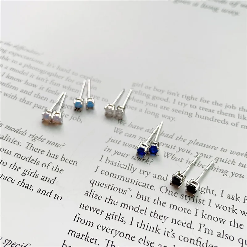 RUIYI Real 925 Sterling Silver Geometric Vintage Fashion Stud Earrings Women Pink Light Blue Black White Zircon Chic Ear Studs | Украшения