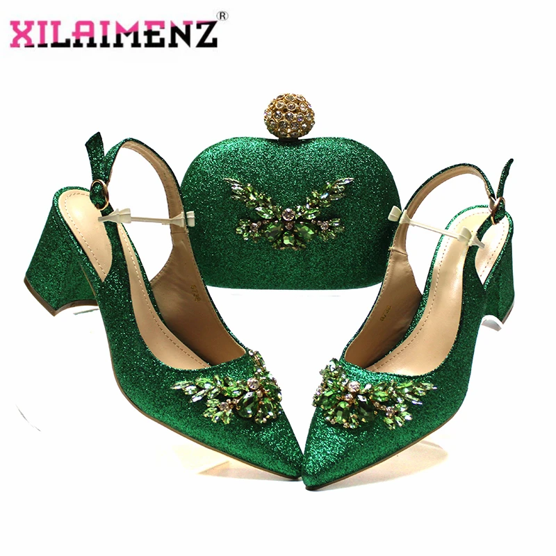 Новый дизайн нигерийский Женский комплект из обуви и сумки с блестящими кристаллами зеленого цвета для