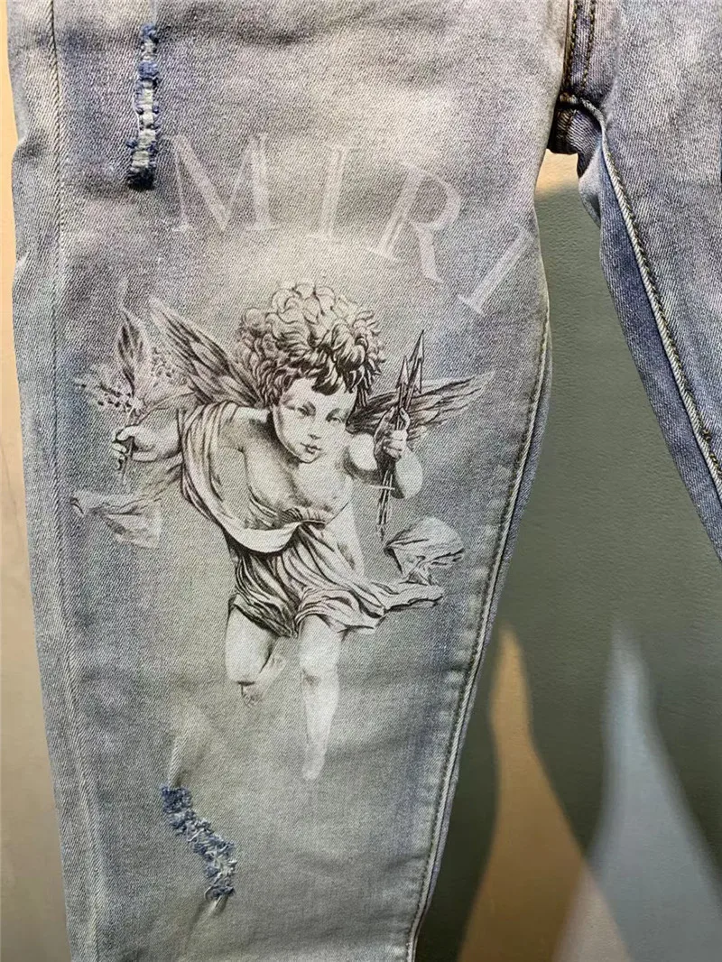 Джинсы мужские Стрейчевые с графическим принтом узкие брюки в стиле Хай-стрит