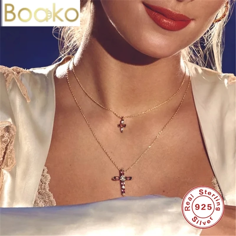 

BOAKO 925 Sterling Silver Cross Necklace Stars Pendant Necklace for Women Fashion Round Clavicle Chain Necklaces Fine Jewelry