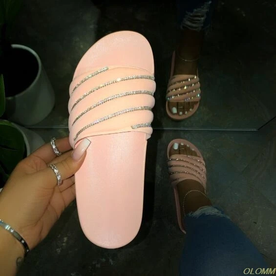 

Hot Summer women rhinestone candy color sandals outdoor wild beach slippers rubber non-slip durable flip flop stripe MS