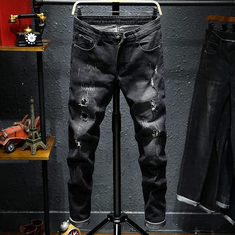 

Европейские американские стильные джинсы от известного бренда, мужские облегающие джинсовые брюки, мужские черные джинсовые брюки на молн...