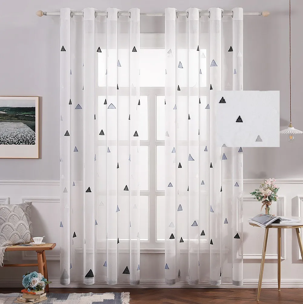 

Triangle Embroidery Tulle Curtains for Kitchen Living Room Solid Sheer Curtains Tulle on Windows Drapes Window Screen One Piece