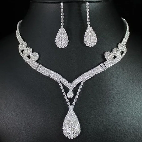 

1set New Fashion Jewelry Bridal Chic Clear Austrian Crystal Rhinestone Water Drop Necklace Earrings Set